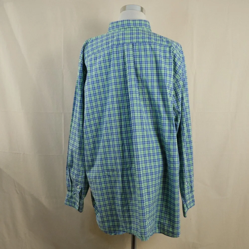 Ralph Lauren 3XB Big Button Down Shirt Green Blue Plaid Cotton Stretch Mens